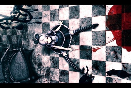 one less cat - cats, black and white, blood, loli, dress, floor, white hair