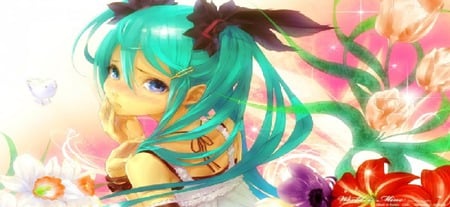 mikus garden - secret garden, aqua, miku, flowers