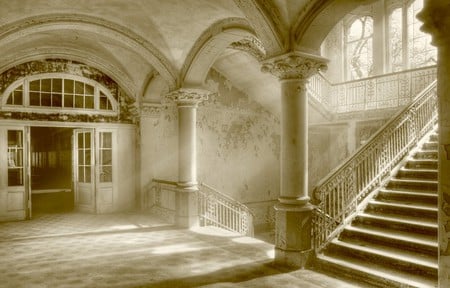 Old House - glass, tile, wall, window, iron railing, stairs, old, door, building, hallway