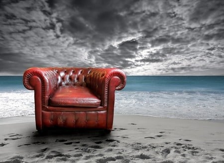 chair on the beach - brown, chair, beach, leather, clouds, blue, sand