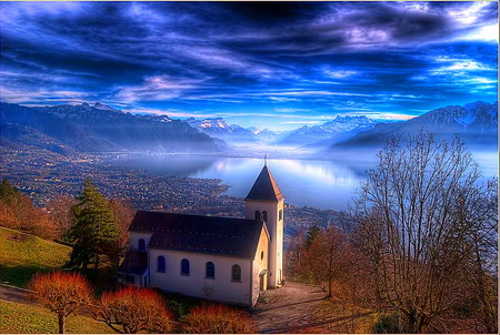 Church in the valley - valley, lake, autumn, trees, church, blue clouded sky