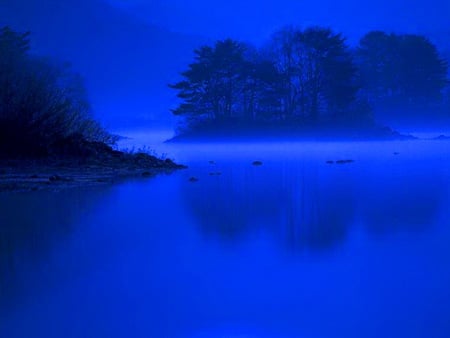 The Blues - reflections, lake, trees, blue, water, shore, mist