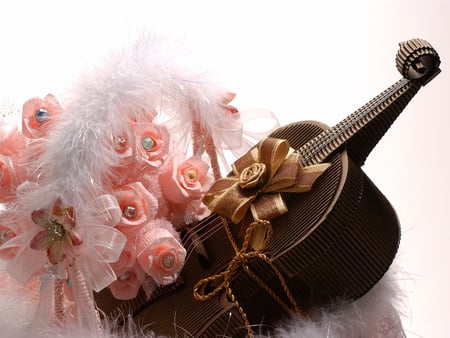 Valentine Gift - pink roses, gift, beautiful, violin box, valentine, chocolate, decoration