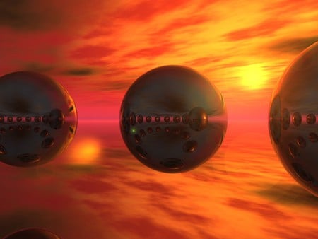 spheres and sunlight - sun, circles, colorful, sunset, cg, balls, round, 3d, orange, shiney, spheres