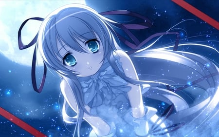 cute anime girl - moon, red, girl, blue