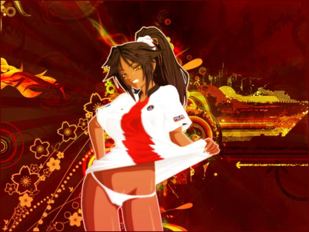 Goddess of Flash - shihouin yoruichi, yellow eyes, lone, girl, bleach, female, shirt, red background, long hair, gold eyes, brown hair, yoruichi shihouin, bikini, anime, yoruichi