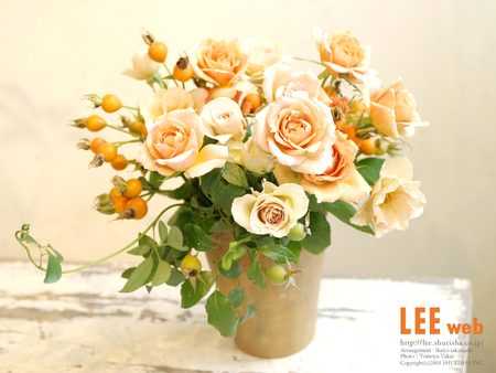 roses - pink orange, roses, beautiful, table, greens, still life, vase