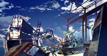 miku worlds end - aqua, piano, miku, awsom, junk yard, junk, nice day