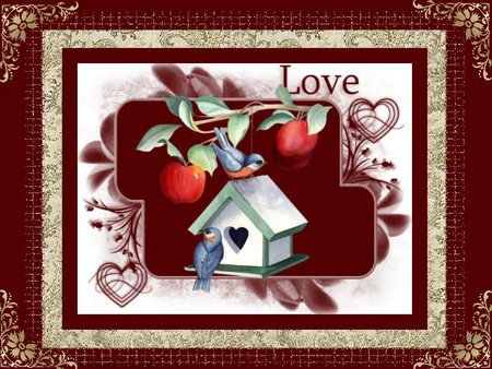 birdhouse love - birds, red, valentine, apple, birdhouse, hearts