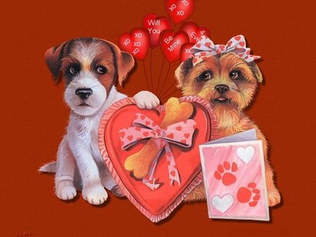 Won't You plese be mine. - dogs, valentine, card, love, candy, hearts