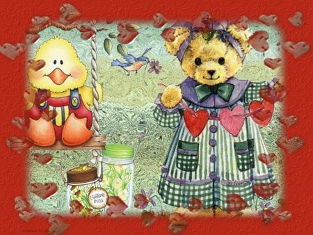 Love Teddy - duck, valentine, teddy bear, love, candy, hearts