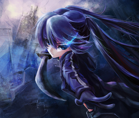 Black Rock Shooter - aqua, movie, hot, brs, anime girl, white, art, cool, katana, aqua eyes, blaze fire, ova, artistic, sexy, blood, gloves, beautiful, rubble, black rock shooter, nice, beauty, twintail, aqua hair, black, painting, pretty, anime, sword, cute, drawing, red, blue, awesome