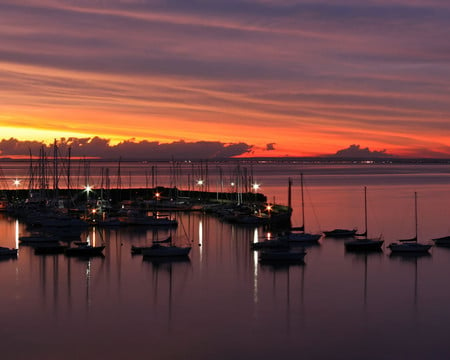 sunset - calm, boats, evening, harbor, sunset