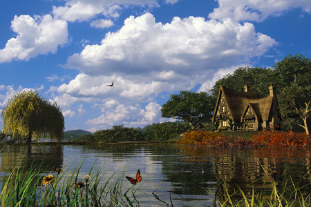 Bucolic Paradise - clouds, water, butterflies, lake, dwelling