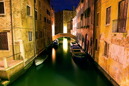 Venice by night - popular, italy, boats, places, venice, night, buildings, yellow, green, architecture, lights