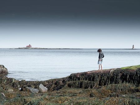 Oceanside - beach, lighthouse, ocean, girl