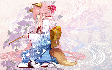 Smoking Beauty - anime girl, animal ears, butterflies, smoking pipe, kimono, green eyes, flower, tail, long hair, yukata, flowers, butterfly, cute anime girl, pink hair, pipe