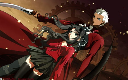 Toshaka and archer - white, red, sword, black, anime