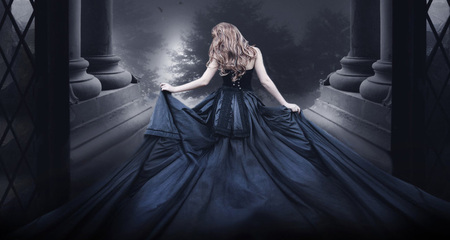 Through The Night - abstract, female, blue, beautiful, dress, night, hair, dark, black, fantasy, lady, woman, nice