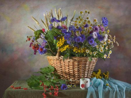 Lovely  Tapestry - cherries, cloth, wall, table, flowers, basket, cup, fruit