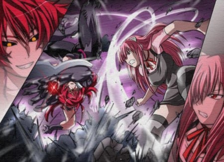 Masane VS Lucy - girls, red eyes, purple, battle, anime, masane amaha, yellow eyes, anime girls, pink hair, elfen lied, red hair, females, fight, witchblade, amaha masane, lucy, action, masane, crossover