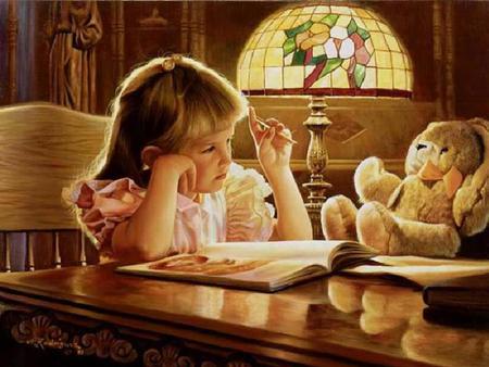 The Lesson - chair, little girl, lesson, lamp, teddy bear, table, pencil, books, painting