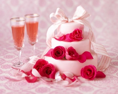 Romantic Events - roses, glasses, champagne, pink background, table, valentines day, party, romance, 2 champagne glasses, red roses, love, cake, white cake, celebration, romantic, beautiful, champaign, red, sweet, flowers