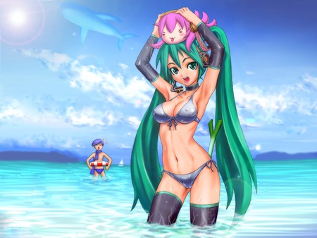 Hatsune Miku - pretty, wale, vocaloid, beach, hatsune miku, long hair, takoluka, kaito, bikini, sun, clouds, twin tails, swimsuit, beautiful, hot, thighhighs, wet, ocean, megurine luka, aqua eyes, cute, aqua hair, sexy