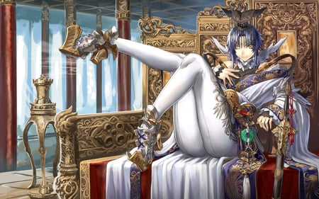 Royal - beauty, sexy, hot, anime girl, gold, robes, green eyes, winking, royal, beautiful, sword, wink, cute