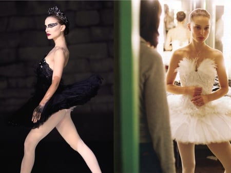 Natalie Portman - costumes, split, people, dancer, swan, photographs, actress, film, personality, black, white, movie, ballet, cinema, natalie portman