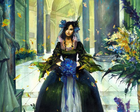 Princess - fantasy, beautiful, painting, flowers arrangement, princess, castle room