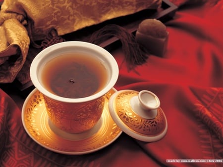 Chinese Tea Time - golding teacup, beautiful, red table, chinese, tea