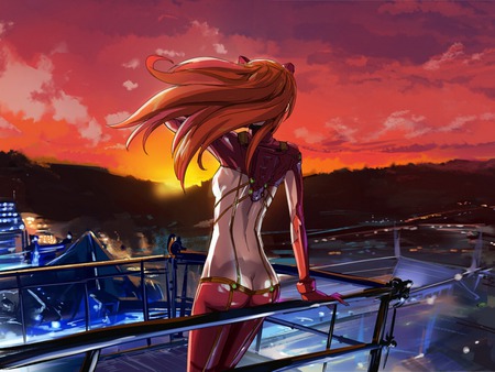 The rising life - evangelion, neon genesis evangelion, suit, sun, asuka, red sky, asuka langley