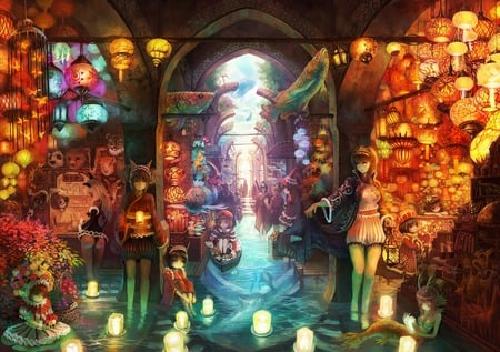 Water Market - anime, animal ears, dress, long hair, lights lantern, horns, mermaid, lolita fashion, megane, candles, nice, shops, art, water, girl, sea, beauty, lovely, girls, colorful, lights, big eye, cute, bright colors, sexy, animals