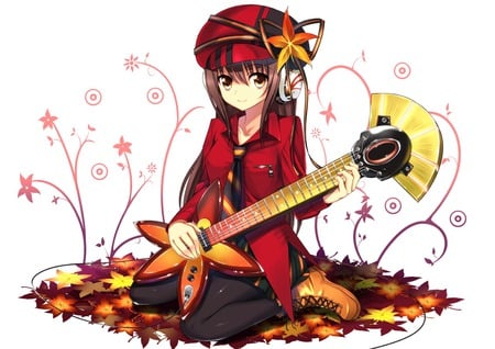 Music of The Fall - pantyhose, fall, girl, guitar, headphones, leafs, music, cute