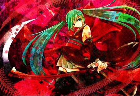 Reaper Miku - aqua, hot, eyes, music, anime girl, cool, kimono, hatsune miku, skirt, scythe, sexy, underworld, song, blood, vocaloids, program, vocaloid, beautiful, uniform, diva, beauty, nice, twintail, singer, aqua hair, black, virtual, pretty, idol, green, anime, sword, miku, cute, reaper, girl, devil, hatsune, red, tie, awesome