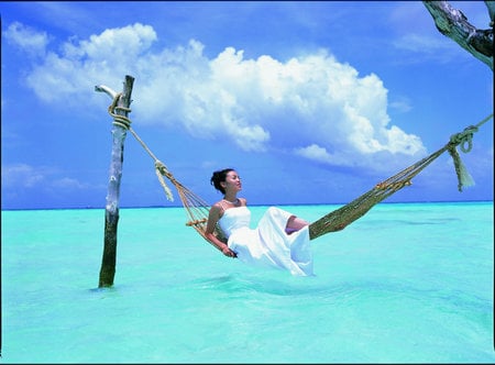 A Great Way To Live - blue, hammock, girl, ocean, south pacific