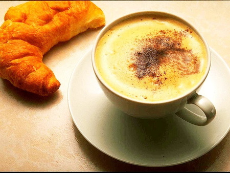 coffee with a croissant - morning, breakfast, coffee and cream, sugar, croissant