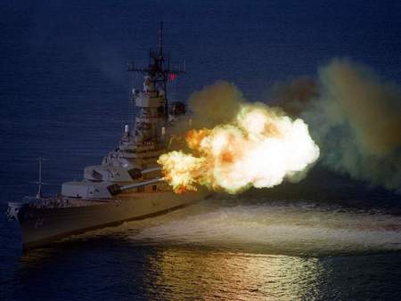 USS Wisconsin BB-64 - navy, bb64, wisconsin, battleship, uss, guns, fire