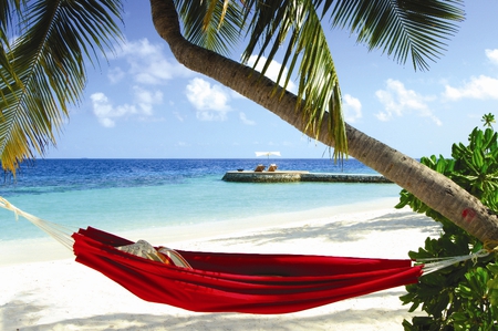 Tropical Beach - beauty, sky, beach, trees, hammock, paradise, peaceful, chairs, view, clouds, umbrella, green, tree, sand, relax, ocean, pillows, summer, tropical, lovely, exotic, waves, nature, chair, red, blue, beautiful, leaves, colors, sea, tropical beach