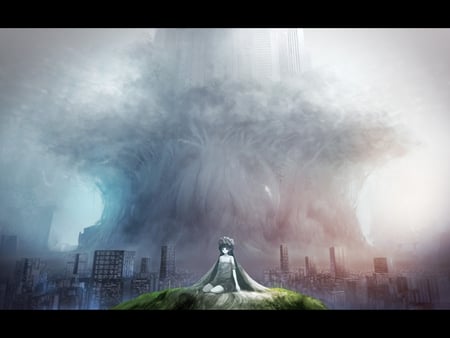 Calm - trees, anime girl, blue, beautiful, beauty, city, lovely, buildings, stunning, nature, red, cute