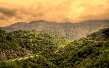 Landscape - hills, landscape, grass, forest, view, sky, woods, clouds, trees, beautiful, road, beauty, lovely, colorful, nature, spain, sunset, green, dynamic, mountains, peaceful