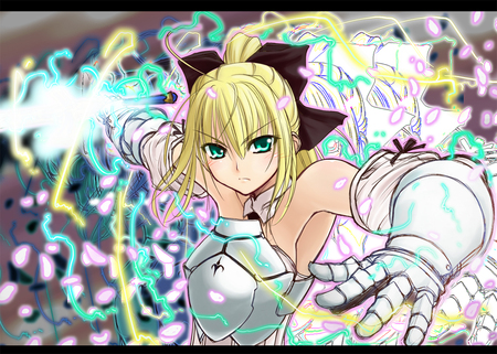 Saber Lily - saber, anime, anime girl, female, beautiful, blonde, green eyes, long hair, armour, saber lily, colorful, fate stay night