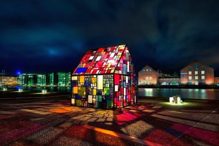 Colorful Cabin - picture, at night, beautiful, colorful, cabin