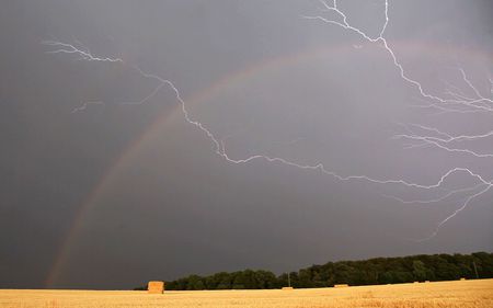 Summer Storm - fields, rainbow, storm, nature, rural, forest, clouds, beautiful, lightning