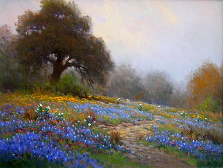 Springtime - painting, springtime, blue, flowers, meadow