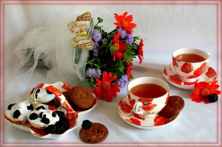 still life - elegantly, cups, cream, delicious, photo, flowers, fruit, nice, cake, beautiful, photography, tea, cool, still life, flower, bouquet, drink, harmony, black, butterfly, blackberries