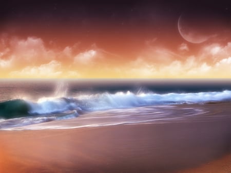 Ocean sunset - moon, sky, beach, ocean, sunset