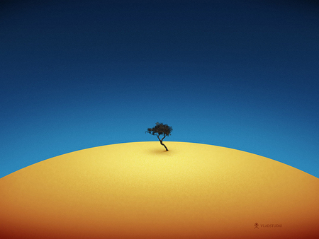 Lone tree - hill, tree, abstract, blue