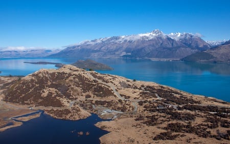 Flying Glenorchy - aerial, coastline, blue, beautiful, snow, ocean, capped, photograph, skies, nature, lake, mountains